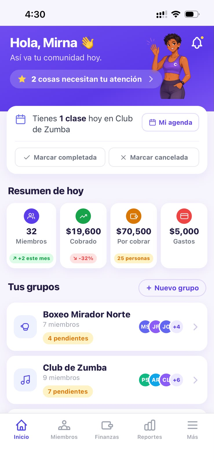 Panel de Claria: miembros, pagos y resumen del mes